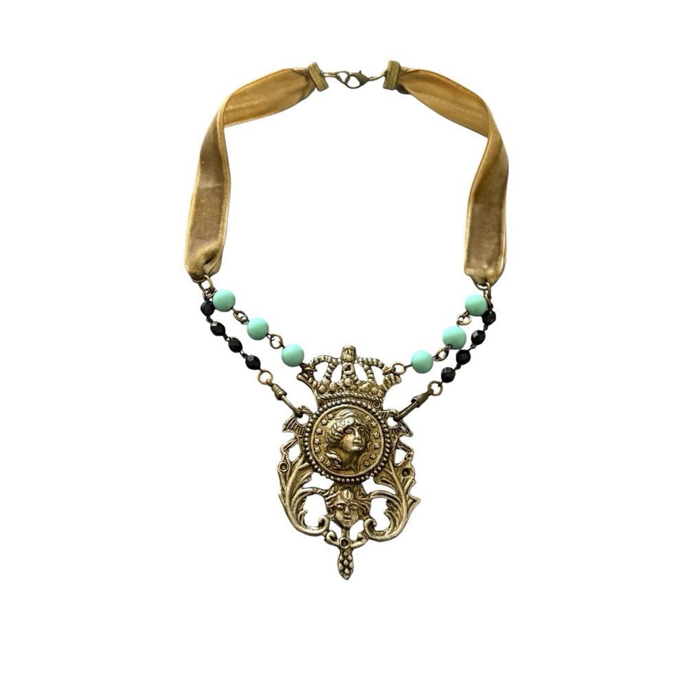 Vintage Brooch Statement Necklace Beaded Velvet Ribbon Handmade Jewelry Pendant